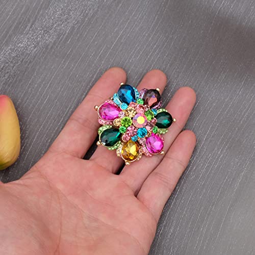 Flower Shape Crystal Cocktail Stretch Ring Party Prom Floral Statement Elastic Ring for Women - color: 2RI255-multicolor-gold tone