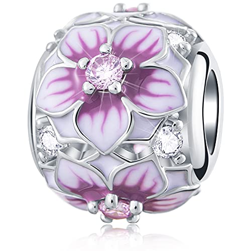 GEMDAZZ 925 Sterling Silver Valentines Day Charms Heart Charms, I Love You to The Moon and Back Pendant, Cupid Arrow and 4 Leaf Clover Beads fit European Bracelets, Gift for Lover/Wife/Girls - color: Magnolia Flower Bloom Charm