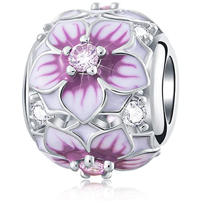 GEMDAZZ 925 Sterling Silver Valentines Day Charms Heart Charms, I Love You to The Moon and Back Pendant, Cupid Arrow and 4 Leaf Clover Beads fit European Bracelets, Gift for Lover/Wife/Girls - color: Magnolia Flower Bloom Charm