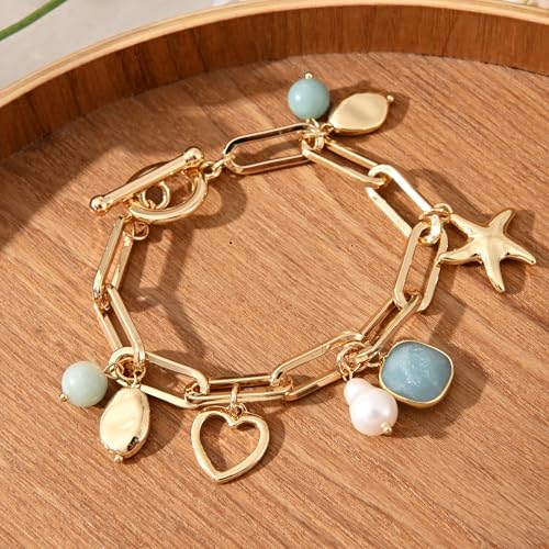 14K Gold & Silver Plated Lightweight Link Bracelet for Women | Stackable Bracelets ,14K Gold Plated Bracelets with CZ,Lightweight Trendy Chain Bracelet Jewelry Gift - style: amazonite