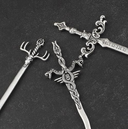 3PCS Sword Hair Pins for Women, Metal Hair Sticks Set, Fantasy Hair Accessories, Medieval Renaissance Hair Pin Set, Gothic Decorative Hair Sticks for Bun Updo Long Thick Hair
