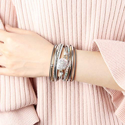 GelConnie Leather Cuff Bracelet Baroque Pearl Wrap Bracelet Gorgeous Gold Tube Bangle Boho Bracelet Bohemian Wristband Jewelry Gift for Women Wife - color: Women Leather Bracelet -Grey