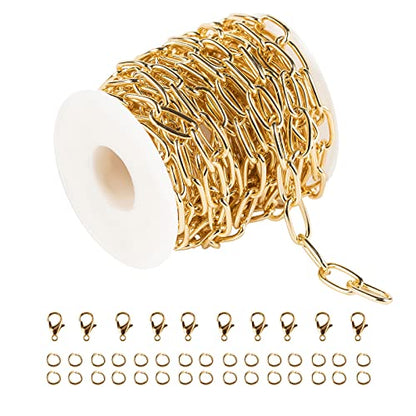16.4 Feet Aluminum Oval Light Gold Chains for Jewelry Making Unwelded Paperclip Link Cable Chain Roll Necklace Chains Bulk with Lobster Clasps and Jump Rings - color: 8×16mm-Gold