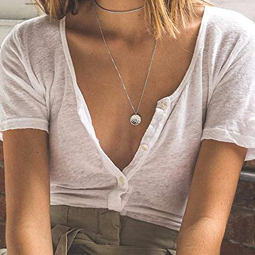 Turandoss Dainty Layered Choker Necklace, Handmade Y Pendant Necklace Multilayer Bar Disc Necklace Adjustable Layering Choker Necklaces for Women - style: 3PCS Silver - simulated Pearls&Bar&Hammered Disc