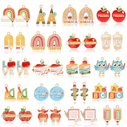 MARFOREVER 40Pcs/20 Pairs Teacher Charms School Charms for Jewelry Making | Assorted Pencil Book Globe Enamel Charms, Student School Pendants, Bracelet Necklace Earrings Making, DIY Craft Accessories - style: Teacher