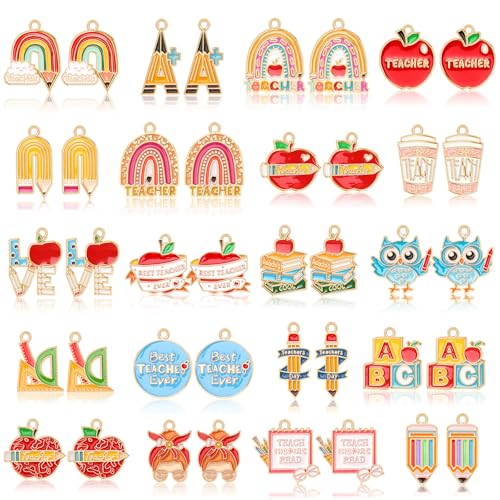MARFOREVER 40Pcs/20 Pairs Teacher Charms School Charms for Jewelry Making | Assorted Pencil Book Globe Enamel Charms, Student School Pendants, Bracelet Necklace Earrings Making, DIY Craft Accessories - style: Teacher