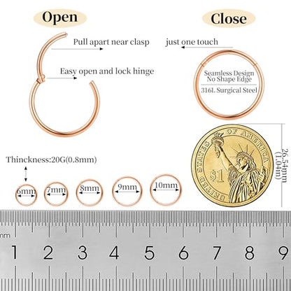10Pcs 18G 20G Surgical Steel Nose Rings Hoops for Women Men Hinged Seamless Clicker Nose Hoops Cartilage Helix Tragus Daith Sleeper Earrings Hoop Hypoallergenic Nose Piercing 6/7/8/9/10MM - color: rose gold, size: 20G