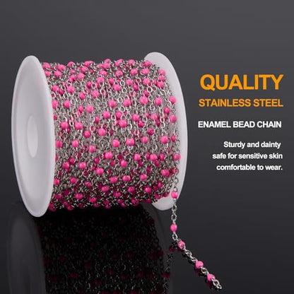 KYUNHO 16.4 Feet Rose Red Enamel Bead Chain Jewelry Supplies for Crafting | Stainless Steel Cable Chain Links on Roll Silver Chains for Jewelry Making with Jump Rings Lobster Clasps - color: Silver-Rose-2mm