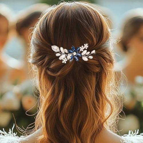 Silver Crystal Hair Comb Rhinestone Bridal Wedding Hair Pieces Flower Hair Accessories for Women and Brides (Blue)