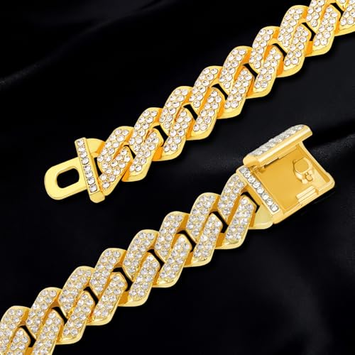 Mens Cuban Link Chain Iced Out Miami Cuban Necklace/Bracelet |14mm Silver & Gold Plated Chains | Bling Diamond Hip Hop Jewelry For Men Women - color: Yellow Gold, size: 18 inches