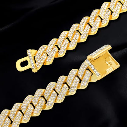 Mens Cuban Link Chain Iced Out Miami Cuban Necklace/Bracelet |14mm Silver & Gold Plated Chains | Bling Diamond Hip Hop Jewelry For Men Women - color: Yellow Gold, size: 8 inches