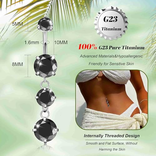 G23 Titanium Dangle Belly Button Rings for Women Dangling Navel Rings CZ Belly Rings Curved Barbell Internally Threaded Belly Piercing Jewelry - color: Black