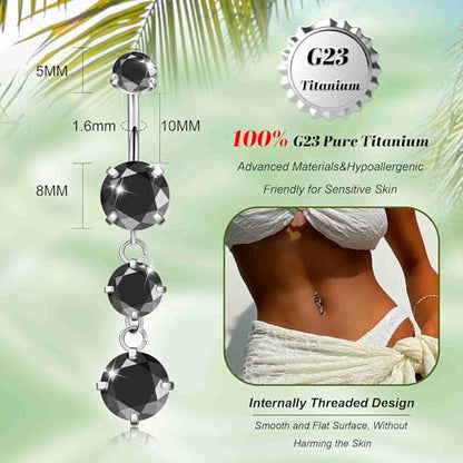 G23 Titanium Dangle Belly Button Rings for Women Dangling Navel Rings CZ Belly Rings Curved Barbell Internally Threaded Belly Piercing Jewelry - color: Black