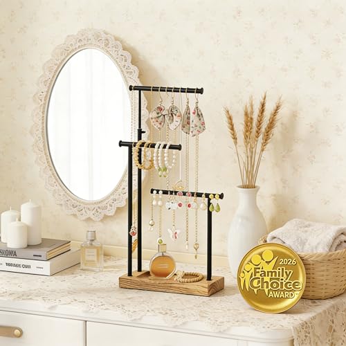 SRIWATANA Carbonized Black Jewelry Organizer Stand, Tall Necklace Holder | 3-Tier 360° Rotating Tall Jewelry Tree with Adjustable Height for Necklaces, Earrings, Bracelets, and Ring Tray - color: carbonized black and black