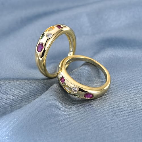 AllenCOCO Chunky Gold Plated Rings for Women - Trendy Cubic Zirconia 14k Gold Filled Stackable Rings - color: Multi-Stone Dome Ring