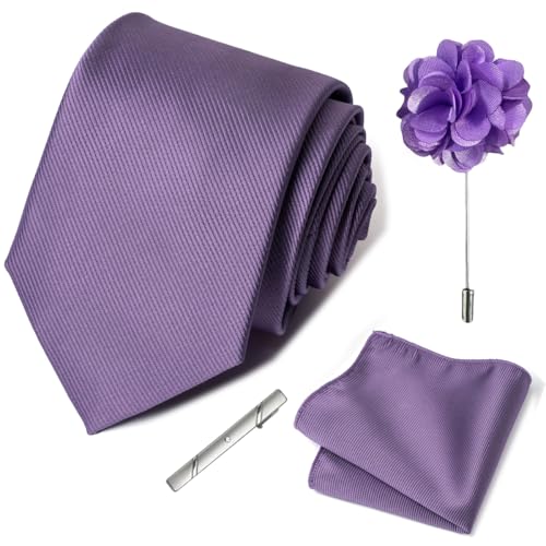 joy alice 30 Colors Solid Ties for Man Pure Color Men's Tie Set with Lapel Pin Pocket Square Tie Clip - color: Lavender