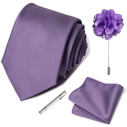 joy alice 30 Colors Solid Ties for Man Pure Color Men's Tie Set with Lapel Pin Pocket Square Tie Clip - color: Lavender