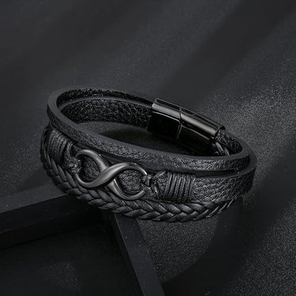Men's Leather Infinity Bracelet Stainless Steel Number 8 Wristband Cuff Bangle Bracelets Gifts for Men, 8.3 & 9.1 inches - color: 03.Three-layers leather & black infinity, size: 8.3inch(Fits most wrists.)