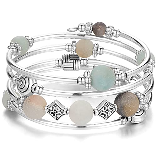 Beaded Pearl Bangle Wrap Bracelet - Fashion Bohemian Jewelry Multilayer Charm Bracelet with Thick Silver Metal Beads, Gift For Women - color: Green