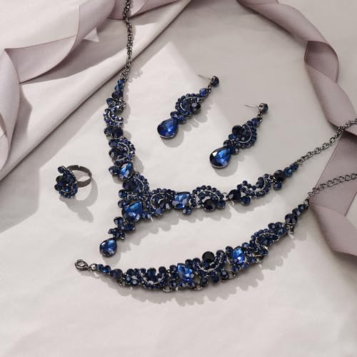 EVER FAITH Rhinestone Crystal Bridal Floral Wave Teardrop Necklace Earrings Set - color: 4pcs_Blue Black-Tone