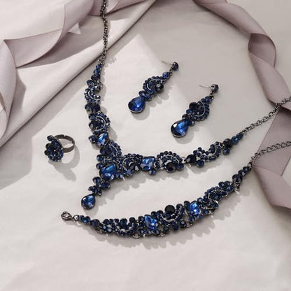 EVER FAITH Rhinestone Crystal Bridal Floral Wave Teardrop Necklace Earrings Set - color: 4pcs_Blue Black-Tone