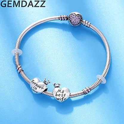 GEMDAZZ 925 Sterling Silver Valentines Day Charms Heart Charms, I Love You to The Moon and Back Pendant, Cupid Arrow and 4 Leaf Clover Beads fit European Bracelets, Gift for Lover/Wife/Girls - color: My Best Wife Charm