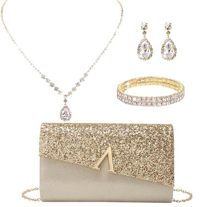 YYW 4 Pieces Women Evening Handbags Clutch Purse Bag with Rhinestone Crystal Jewelry Set for Wedding Party - color: gold 1
