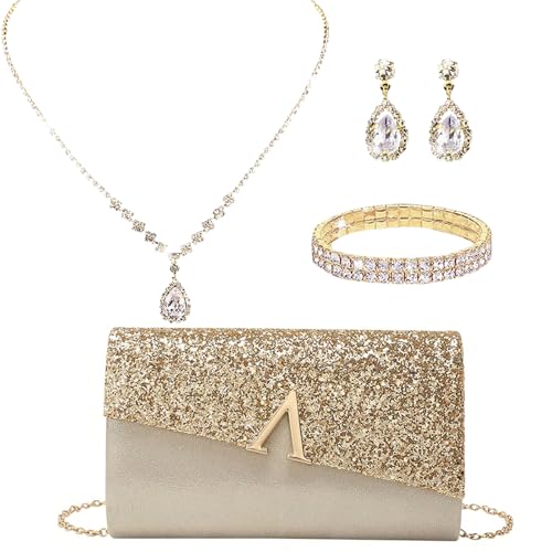 YYW 4 Pieces Women Evening Handbags Clutch Purse Bag with Rhinestone Crystal Jewelry Set for Wedding Party - color: gold 1