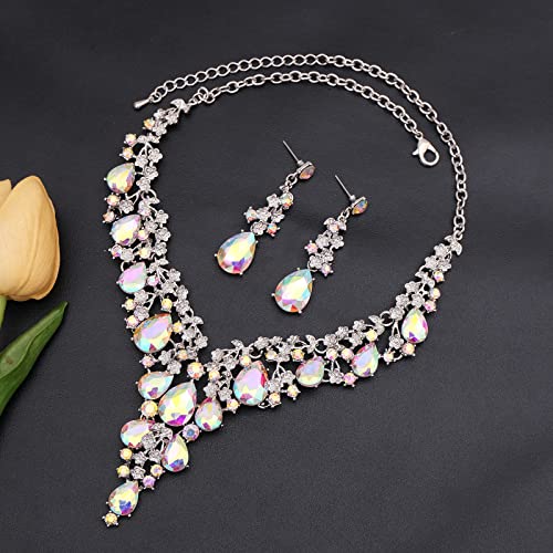 CSY Elegant Crystal Costume Jewelry Sets Flower Bridal Necklace Earrings Stretch Bangle Set for Bride Bridesmaid Wedding Dress Accessories - color: AB crystal