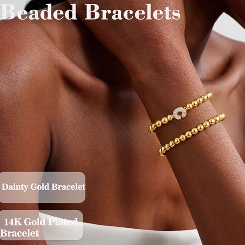 Initial Stack Bracelet Set for Women Trendy 14K Gold Plated Beaded Stackable Stacking Stretch Name Bracelets Dainty Friendship Waterproof Charm Cute Birthday Jewelry Gifts for Women - color: Initial C