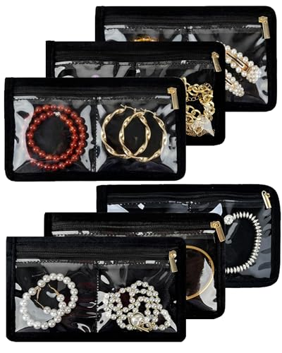Travel Jewelry Organizer Case Refill Pages-24 Compartments Clear Zipper Velvet Pockets for Rings Earrings Necklaces,2-Section Replacement Pages, Black,Pack of 6 - color: 2-Section Inner Pages,Black,Pack of 6