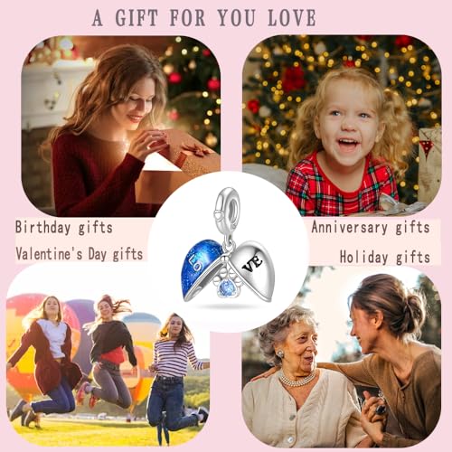 LNQOBU 925 Sterling Silver Charms for Bracelets Dangle Pendant fit Pandora Bracelets or Necklaces Jewelry Woman Gift Beads Charm (With one Spacer Beads) - style: Blue Heart Pendant Charm
