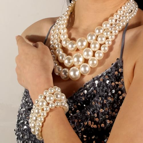 KOSMOS-LI Women's 3 Layer Simulated Pearl Statement 18" Necklace Bracelet and Earrings Jewelry Set Stocking Stuffers - color: ivory