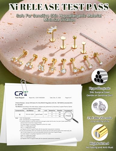 TEN MIRO Flat Back Stud Cartilage Earring for Women Tragus Piercing Jewelry | 16G 18G 20G Hypoallergenic Earrings, Gold Silver Surgical Steel Nose Studs Internal Thread Conch Ring, Helix Piercing Jewelry - color: Gold, size: 18G(1.0mm),8mm