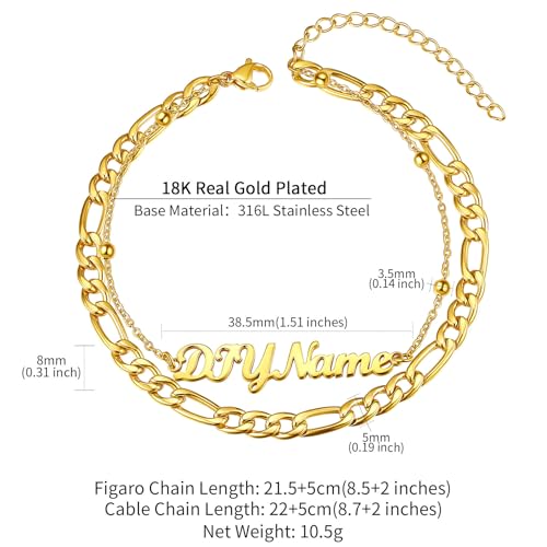ChainsHouse Double Layer Anklet Bracelet for Women,Adjustable Chain Anklets Stackable Dainty Anklets,Stainless Steel/Gold Plated/Black Ankle Jewelry Gifts - color: B-Gold Plated-Figaro Chain