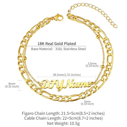 ChainsHouse Double Layer Anklet Bracelet for Women,Adjustable Chain Anklets Stackable Dainty Anklets,Stainless Steel/Gold Plated/Black Ankle Jewelry Gifts - color: B-Gold Plated-Figaro Chain