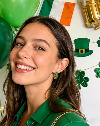 Trendy 14K Gold Plated Hoop Earrings for Women, Chunky Gold/Silver Earrings for Women Cubic Zirconia Baguette Hoop Earrings Heart Hoops Lightweight Hypoallergenic Jewelry,25mm/35mm/40mm/50mm - color: 01 Gold Green Hoops 25mm