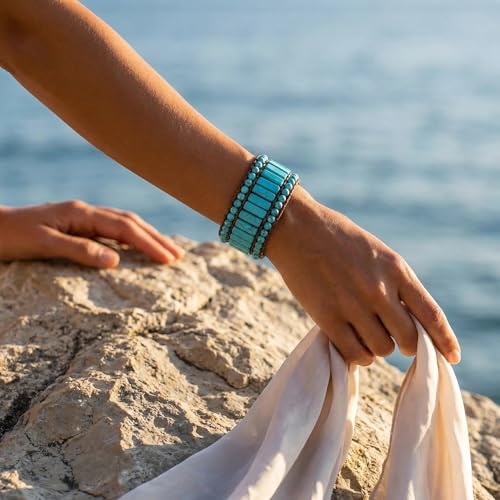 YGLINE Boho Handmade Natural Stone Bead 3 Row Wide Wrap Wrist Statment Bracelet Jewelry Collection - color: new-Turquoise