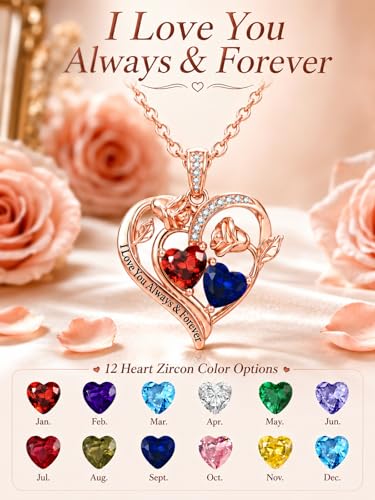 Double Birthstone Necklace for Women Rose Gold Heart Pendant | Flower Necklace Romantic Jewelry Anniversary Wedding Engagement Birthday Gifts for Women Wife Mom 18"+2" adjustable Chain