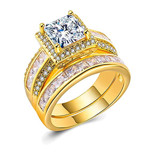 CEJUG 3Ct Princess Wedding Rings for Women Engagement Ring Set Bands 18k White Gold Plated Halo Cz Size 6-10 - color: Gold