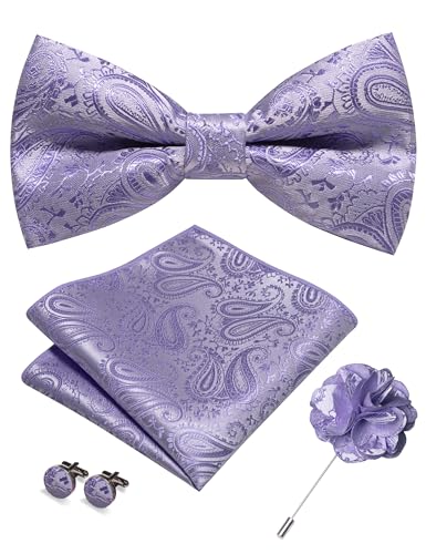 JEMYGINS Mens Paisley Bow Tie and Lapel Pin Necktie Pocket Square and Tie Clip with Sets for Business Casual 4PCS - color: Lavender