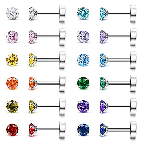 Fansilver 20G Hypoallergenic Flat Back Earrings for Women Men Silver 14K Gold Stainless Steel Stud Earrings Birthstone Cubic Zirconia Studs Surgical Steel Cartilage Earrings for Sensitive Ears - color: Silver Multi