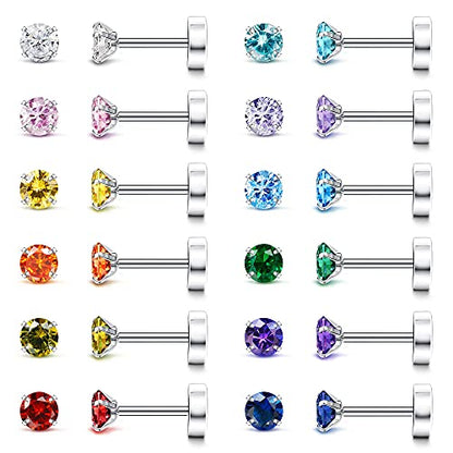 Fansilver 20G Hypoallergenic Flat Back Earrings for Women Men Silver 14K Gold Stainless Steel Stud Earrings Birthstone Cubic Zirconia Studs Surgical Steel Cartilage Earrings for Sensitive Ears - color: Silver Multi