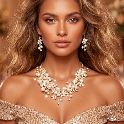 Sixexey Bridal Wedding Jewelry Set Gold Pearl Necklace Jewelry for Women | Crystal Rhinestone Necklace and Earrings Prom Costume Jewelry for Women and Brides