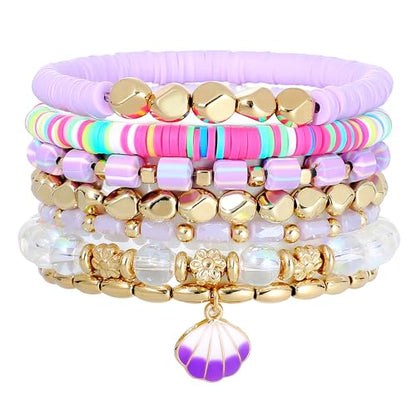 Summer Surfer Heishi Bracelet Set for Women Stackable Gold Plated Clay Ploymer Bead Stretch Pink Beach Layering Bracelets Jewelry - color: A-Purple shell charm 7pcs
