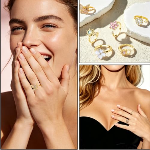 6Pcs Fidget Anxiety Rings for Women, Gold Adjustable Open Spinner Rings for Anxiety, Stress Relief Rotating Rings with Butterfly Sun Star Flower Four-Leaf Clover Designs, Fidget Jewelry for Women - color: Gold