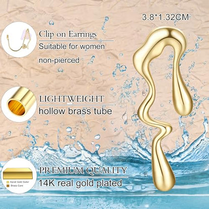 Gold Clip On Earrings for Women Trendy Non Piercing Flower Dangle Earrings Floral Earring 14K Gold Plated Lightweight Earrings for Non-Pierced Ears Fake Earrings Set - style: Waterdrop