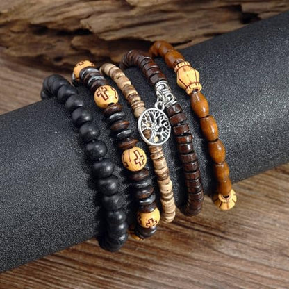 Mens Beaded Bracelets Tribal Wooden Elastic Adjustable Prayer Beads Wrap Cuff for Women - color: D: 5pcs