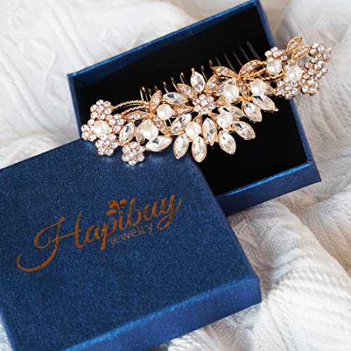 Hapibuy Crystal Wedding Hair Comb Bridal Hair Comb with Pearl Wedding Headpiece for party wear Golden Hair Accessory - color: Gold
