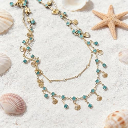 Layered Shell Necklace for Women Gold Seashell Charm Necklace with Crystal Style Drops Tropical Beach Vacation Jewelry Summer Outfit Accessories for Dresses Swimsuits Cruises and Gifts - color: A1:shell necklace